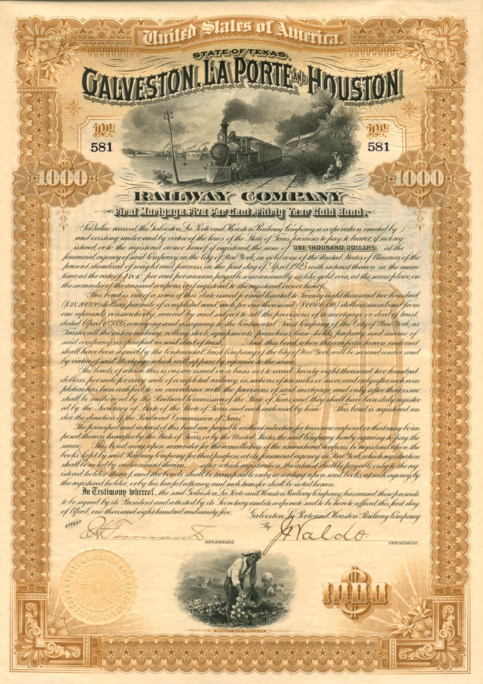 Galveston, LaPorte and Houston Railway Co. - $1,000 Railroad Gold Bond - Very Rare